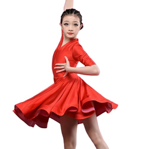 EFLALYHG Rot,150, Mädchen Latein Tanzkleid mit Mittelärmeln, Kinder Gesellschaftstanz, großer Swingrock für Salsa Rumba Cha Cha Samba Tango Tanzkostüm von EFLALYHG