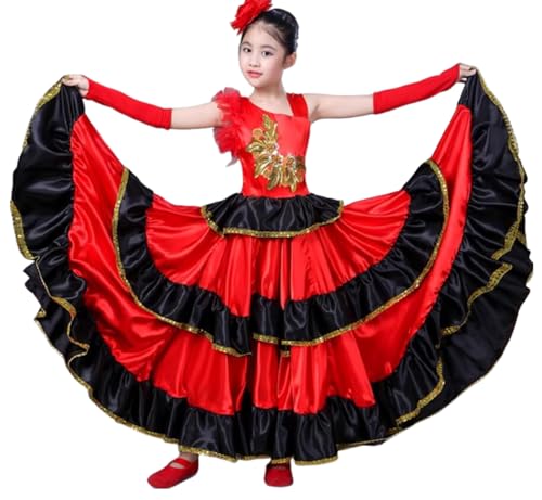 EFLALYHG Rotes Bauchtanzkleid für Mädchen, Flamenco-Röcke, spanisches Tanzkleid für Mädchen, Party, Tänzerin, Kostüm,360°,130 von EFLALYHG