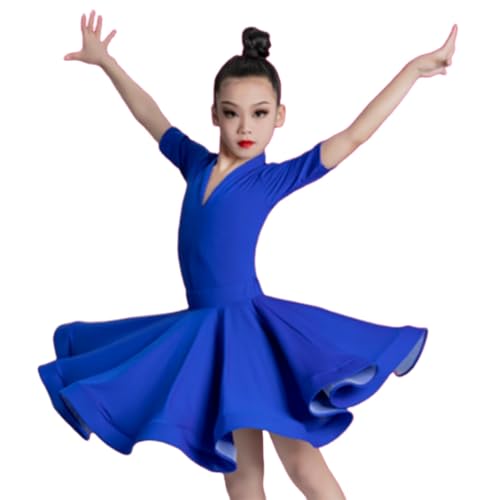 EFLALYHG Royal Blue,160, Mädchen Latein Tanzkleid mit Mittelärmeln, Kinder Gesellschaftstanz, großer Swingrock für Salsa Rumba Cha Cha Samba Tango Tanzkostüm von EFLALYHG