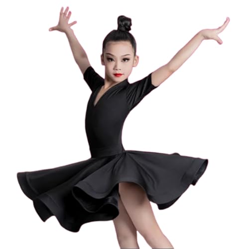 EFLALYHG Schwarz,160, Mädchen Latein Tanzkleid, Polyester Mittelärmel Latein Salsa Gesellschaftstanz Wettbewerb Kostüm Tanzshow Kostüm von EFLALYHG
