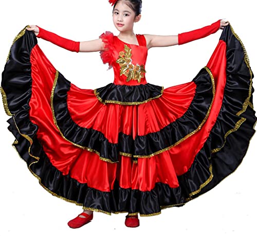 EFLALYHG Spanisches Flamenco-Kleid für Mädchen, spanischer Stierkampf-Tanzrock, langes Flamenco-Kleid für Mädchen, Ballsaal-Wettbewerbsrock,360°,110 von EFLALYHG