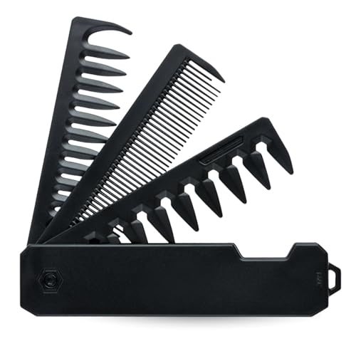 Tragbarer Klappkamm für Herren | 3-in-1 Haarkamm mit Feinzahn- & Breitzahnkamm | Tägliche Bartpflege, Haare- & Schnurrbartstyling | Kompakt & Reisetauglich (Schwarz) (Tragbarer Klappkamm) von EFNHJF5