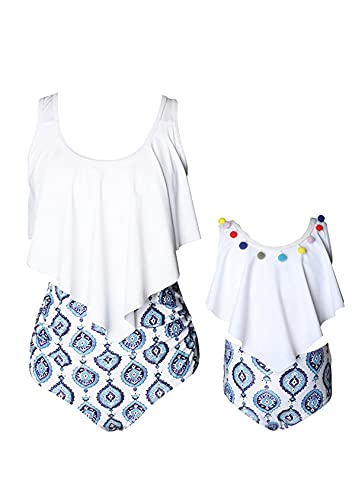 EFOFEI Bademode Outfit Set 2 Stüc Hohe Taille Zweiteiler Strandkleidung Mutter und Tochter Badeanzug Weiß 8-10 Jahre von EFOFEI