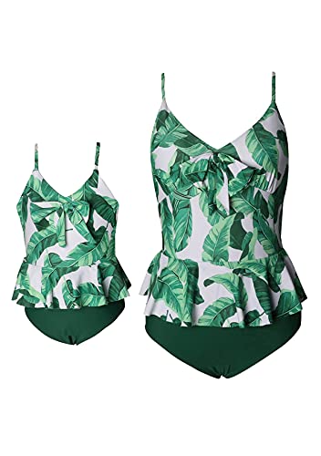 EFOFEI Bademode Outfit Set 2 Stüc Tankini Swimwear Beachwear Split Badeanzug Retro Hohe Taille Bikini Grünes Blatt XL von EFOFEI