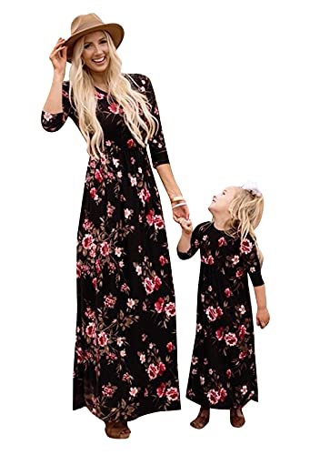 EFOFEI Beiläufig Boho Ärmelloses Splice Strandkleid Mother Daughter Matching Dress Familiekleidung Partykleid Strandkleid Schwarze Blume M von EFOFEI