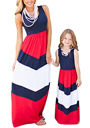 EFOFEI Blumenmuster Hemdkleid Swing Ballkleider Familien Kleidung Mutter Kinder Kleider Familiekleidung Partykleid Strandkleid Rot+Blau 4-5 Jahre von EFOFEI