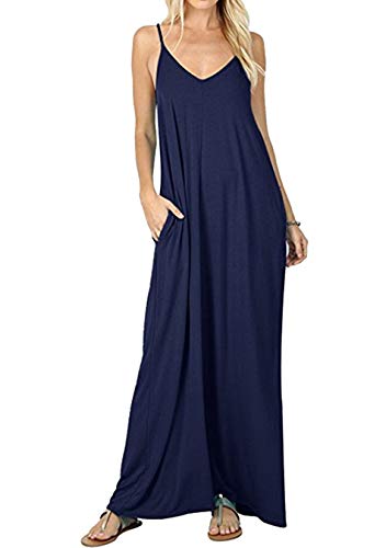 EFOFEI Casual Loose Pockets Sommerkleid Langes Kleid Sommerriemen Ärmelloses Langes Kleid Marineblau L von EFOFEI