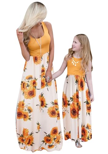 EFOFEI Dame Strand Maxi Kleid Mädchen Ärmellos Boho Druck Kleid Mutter Und Tochter Maxi Lange Kleider Gelbe Blume 1-2 Jahr von EFOFEI
