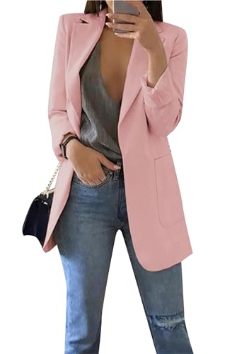 EFOFEI Damen 2-Taschen Blazer Anzug Lose Casual Revers Offene Front Leichte Arbeit Büro Jacken Rosa L von EFOFEI