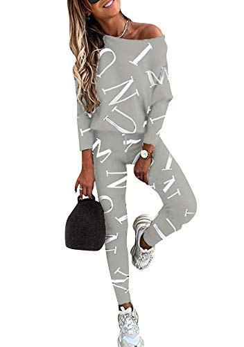 EFOFEI Damen 2-Teiliges Set Sport Langarm Sweatshirt Schlafanzug Lang Aus Baumwolle Sportpyjama Set Mit Taschen Trägerloser Stern Trainingsanzug Grau M von EFOFEI