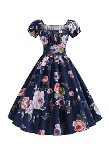 EFOFEI Damen 50er Jahre Casual Kurzarm Plissee Swing Kleid Vintage Blumendruck Kleid Dunkelblau XL von EFOFEI