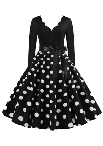 EFOFEI Damen 50er Jahre Kleid Vintage Hepburn Cocktailkleid Lange Ärmel Ballkleid Weihnachten Druck Partykleid Schwarz M von EFOFEI