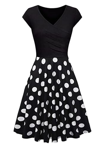 EFOFEI Damen Patchwork Ausgestellte Kleider Geblümtes Sommerkleid Strand Urlaub Sommerkleid Geblümt Schwarz Gepunktet S von EFOFEI