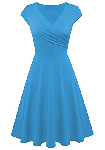 EFOFEI Damen A-Linie Kleid Sommer Cap Ärmel Kleid Midi Freizeitkleid Hellblau XL von EFOFEI