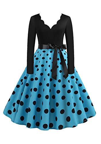 EFOFEI Damen A-Linie Rundhals Kleid Vintage Hepburn Cocktailkleid 50er Cap Ärmel Swing Kleider Blau XXL von EFOFEI