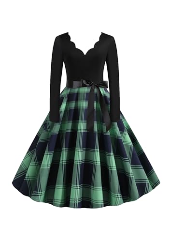 EFOFEI Damen Vintage Kleid Retro Rockabilly Kleid Weihnachten Druck Partykleid Vintage Hepburn Cocktailkleid Blau M von EFOFEI