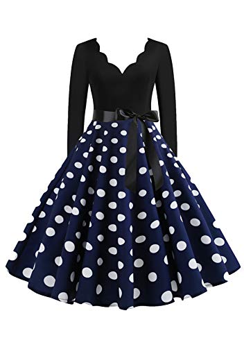 EFOFEI Damen A-Linie Swing Kleid Dress 50er Jahre Kleider Dot Einfarbig Rockabilly Kleid Blau M von EFOFEI