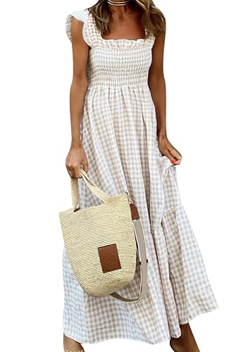 EFOFEI Damen Ärmellos Quadrat Ausschnitt Kleid Smocked A Linien Sommerkleid Kariert Fließ Maxi Kleid Beige L von EFOFEI