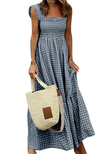 EFOFEI Damen Ärmellos Quadrat Ausschnitt Kleid Sommer Retro Karo Kleider Smocked A Linien Sommerkleid Schwarz M von EFOFEI