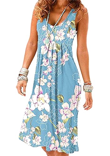 EFOFEI Damen Ärmellos Swing Reizeitkleid Atmungsaktiv Strand Kleider Alltägliche Hauskleidung Einfaches Bequemes Kleid Blaue Lilie 3XL von EFOFEI