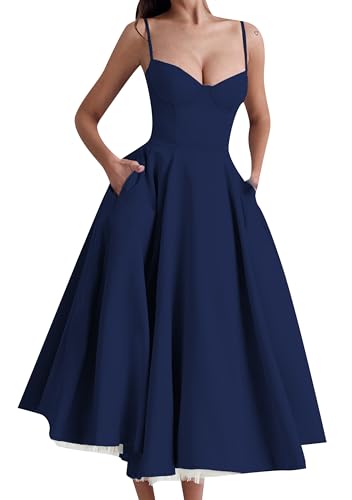 EFOFEI Damen Ärmellose Sling Kleider Plissee Sommer V-Ausschnitt Kleid Halter Kleid mit Tasche Navy Blau S von EFOFEI