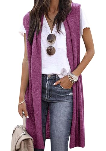 EFOFEI Damen Ärmelloser Cardigan Westen Mantel Leichte Lange Weste Ärmellose Maxi Boyfriend Strickjacke Rosenrot L von EFOFEI