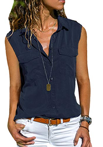 EFOFEI Damen Ärmelloses Button-Down Utility Hemd Mit Kragen Navy Blau XL von EFOFEI