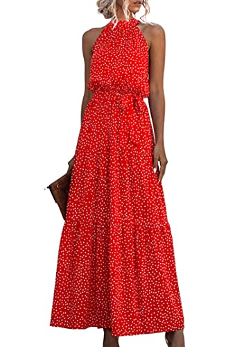 EFOFEI Damen Ärmelloses Langes Sommerkleid Neckholder Maxi Abendkleid Langes Sonnenkleid Mit Gürtel Partykleid Cocktailkleid Strandkleid Punkt Orange Rot 3XL von EFOFEI