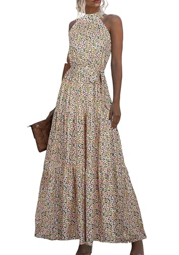 EFOFEI Damen Kleid Mit Fliege An Der Taille Neckholder Ärmelloses Maxikleid Bodenlang Volant Maxikleid Party Boho Böhmisches Kleid Blume Blau Rosa L von EFOFEI