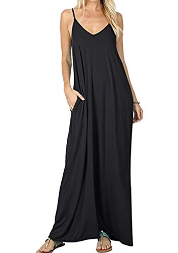 EFOFEI Damen Ärmelloses Trägerkleid V-Ausschnitt Weiches, bequemes Stoffkleid Langes Weihnachtsfest Strandkleid Schwarz L von EFOFEI