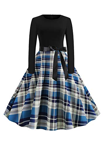 EFOFEI Damen Abend Prom Kostüm 50er Cap Ärmel Swing Kleider Dot Einfarbig Rockabilly Kleid Blau XL von EFOFEI