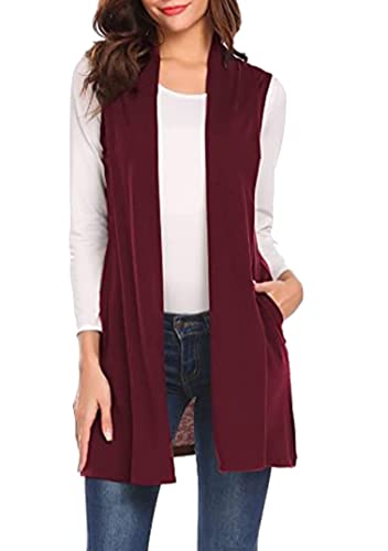 EFOFEI Damen Asymmetrischer Saum Sommer Herbst Top Einfarbig Blazer Weste Leicht Lang Weste Mit Tasche Weinrot XL EFOFEI Damen Asymmetrischer Saum Sommer Herbst Top Einfarbig Blazer Weste Leicht Lang Weste Mit Tasche Weinrot XL von EFOFEI