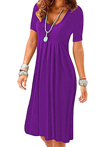 EFOFEI Damen Atmungsaktiv Strand Kleider Falten Knielang Kleider Alltägliche Hauskleidung Casual Sommerkleid Violett L von EFOFEI