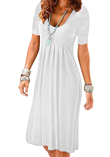 EFOFEI Damen Atmungsaktiv Strand Kleider Falten Knielang Kleider Faltenrock Lässige Strandkleid Loose Fit Blumen Midikleid Weiß XL von EFOFEI