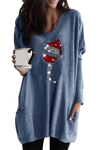 EFOFEI Damen Basic Lose Mini Kleid Leichter Winter Base Sweatshirt mit Taschen Pullover auf beiden Kleid Seiten Lange Tunika Oversize Oberteile Weinglas Blau L von EFOFEI