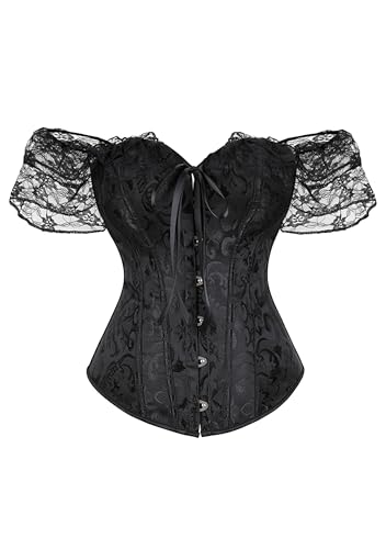 EFOFEI Damen Bauchkontrolle Lingerie Clubwear Schnürung Top Slim Vest Florale Spitze Geraffte Ärmel Bustier Top Schwarz M von EFOFEI