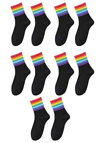 EFOFEI Damen Baumwollsocken Im College-Stil Herbst- Und Winterregenbogensocken Trendfarbene Gestreifte Baumwollsocken Schwarze dicke Streifen 5 Paare von EFOFEI