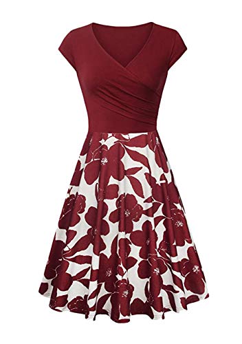 EFOFEI Damen Bedrucktes Kleid Cap Sleeve Kleid Floral Midi Kleid Burgund 3XL von EFOFEI