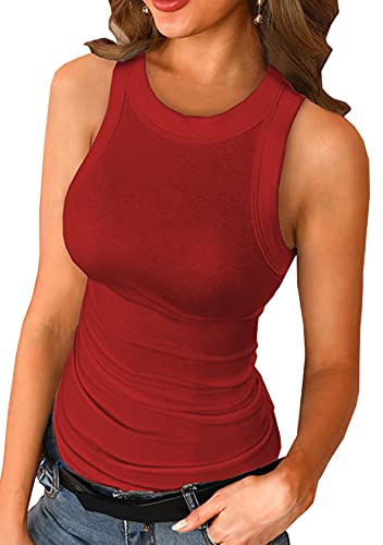 EFOFEI Damen Beiläufig Basic Tank Top Enges Knopf Weste Lässige Einfarbige Sommerbluse Vest Sexy Crop Top Rot M von EFOFEI