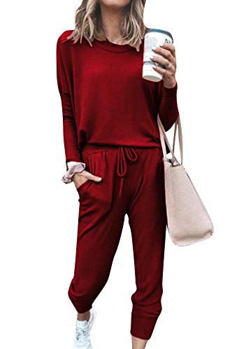 EFOFEI Damen Bequemer Schlafanzug zu Hause Damen Freizeitanzug in reiner Farbe Basic Zweiteiliger Schlafanzug Lang Rot S von EFOFEI