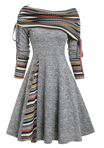 EFOFEI Damen Bequemes Arbeits-Langarmkleid Boho Ethnisches Patchwork Geknabbertes Kleid Elegantes Kleid mit Knopf Grau Braun XXS von EFOFEI