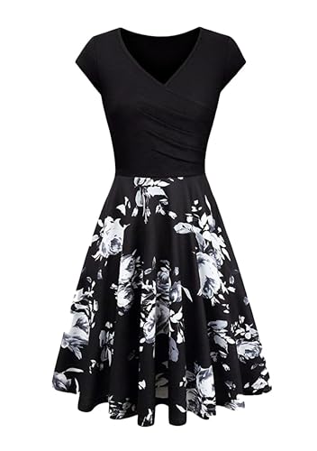 EFOFEI Damen Bequemes Lounge Shirt Kleid V-Ausschnitt Twist Vorne Sommerkleid Party Abschlussball Knielanges Kleid Geblümt Schwarz XXL von EFOFEI