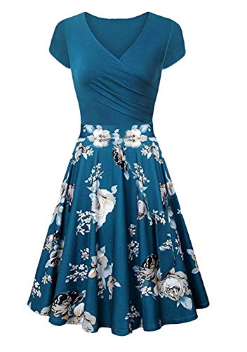 EFOFEI Damen Blumenkleid Swing V Neck Midi-Kleid Sommer Kleid Blau 3XL von EFOFEI