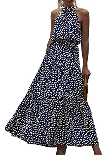 EFOFEI Damen Bodenlang Volant Maxikleid Neckholder Maxi Abendkleid Langes Sonnenkleid Mit Gürtel Kleid Mit Hohem Halsausschnitt Punkt Königsblau XXL von EFOFEI