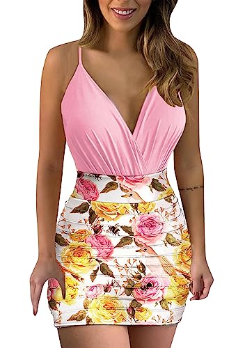 EFOFEI Damen Bodycon Wickelkleid Ärmelloses Kleid Spaghettiträger V Ausschnitt Kleid Sommer Casual Kurzes Kleid Rosa Blume XS von EFOFEI