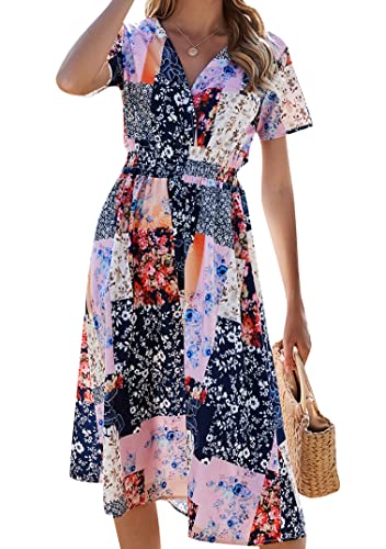 EFOFEI Damen Böhmisches Fließendes Langes Kleid Boho Bedrucktes Swing Kleid Blumen Abendkleid Hohe Taille Midikleid Schwarz Rosa L von EFOFEI