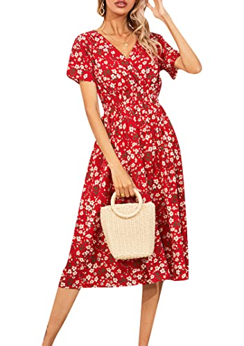 EFOFEI Damen Boho Bedrucktes Swing Kleid Gartenparty Urlaubskleid Midikleid Mit Elastischer Taille Kurzarm Lose Kleid Rot S von EFOFEI