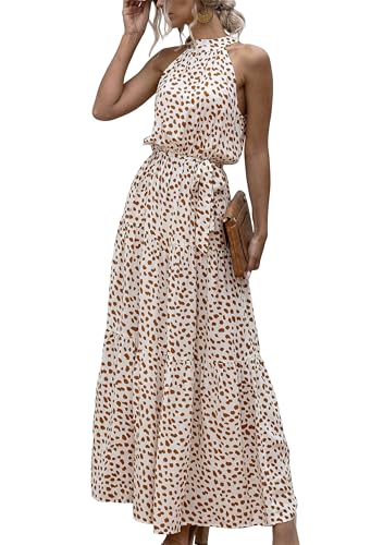 EFOFEI Damen Boho Fließendes Kleid Strandurlaub Hochzeitskleid Gepunktes Langes Party Cocktail Strandkleid Punkt Beige L von EFOFEI