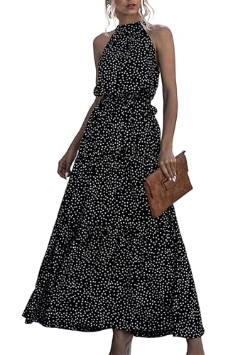 EFOFEI Damen Freizeit Stilvolles Partykleid Kleid Mit Fliege An Der Taille Neckholder Ärmelloses Maxikleid Bodenlang Volant Maxikleid Punkt Schwarz S von EFOFEI