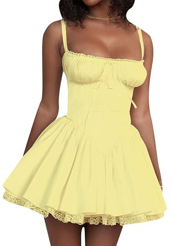 EFOFEI Damen Boho Spaghetti Strap Party Kleid Spitze Trim Stretch Flare Minikleider Elegant Spaghetti Strap Bustier Puffy Kleid Gelb S von EFOFEI